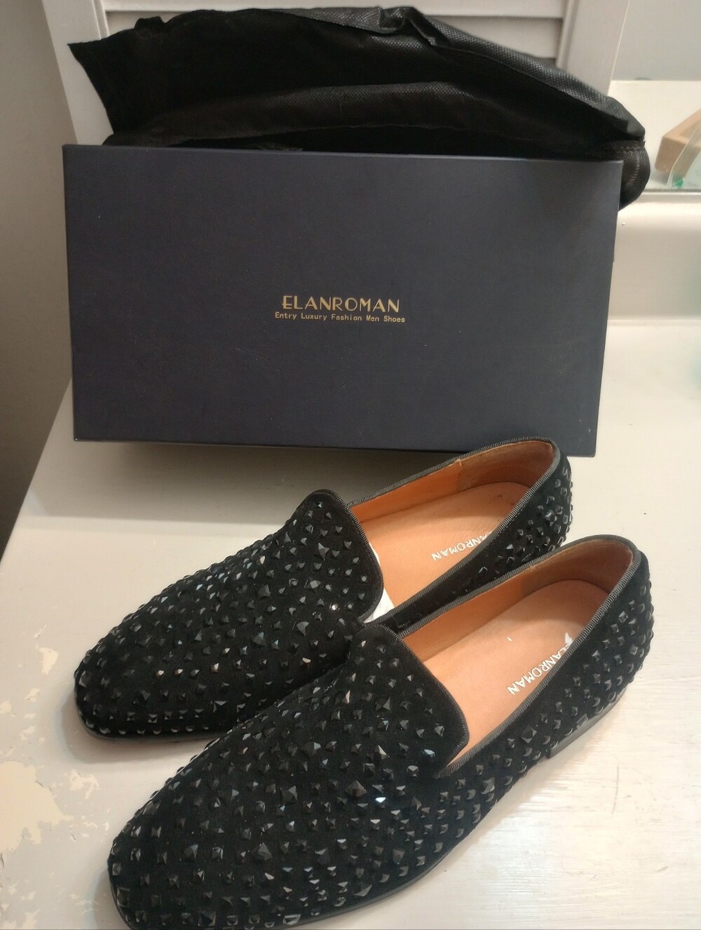 Elanroman Mens Black Studded Loafers With Box